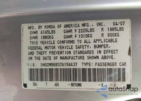 2007 Honda Accord 2.4 Ex z USA, uszkodzony, nr VIN 1HGCM56837A156437